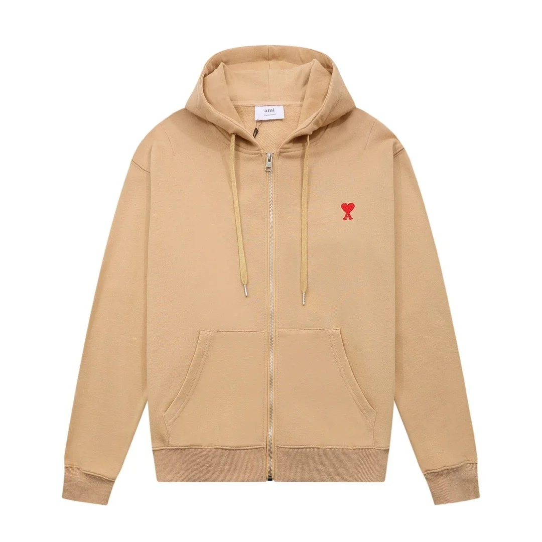 AMI Paris Khaki Zip-Up Hoodie with Small Red Heart - rep Ami Paris