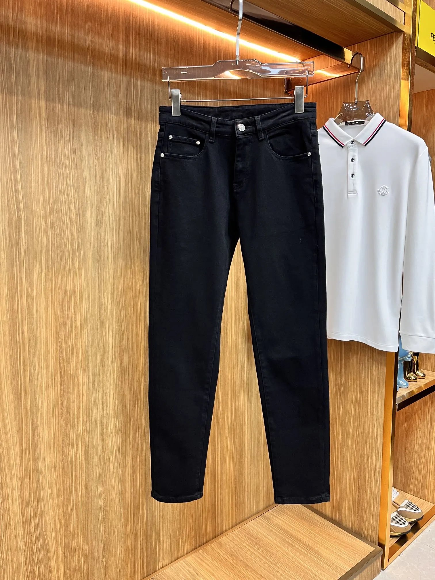 Prada Logo Embroidered White Long-Sleeve Polo Shirt and Black Slim-Fit Jeans - 11