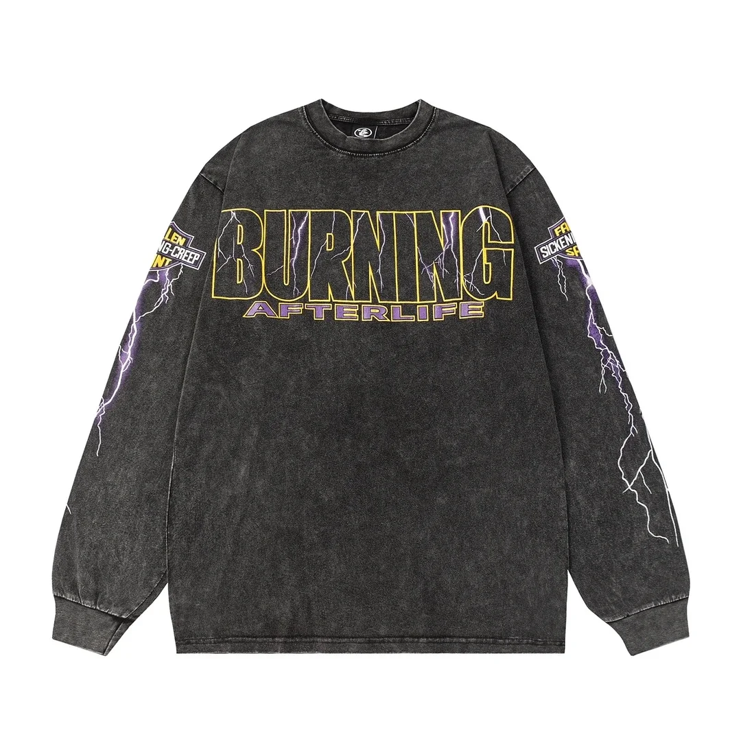 American-Style Washed & Distressed Long-Sleeve T-Shirt with Lightning-Bolt Lettering (Vibe Style) - rep longsleeve