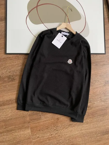 Moncler Logo-Embroidered Black Waffle-Knit Sweater - 1