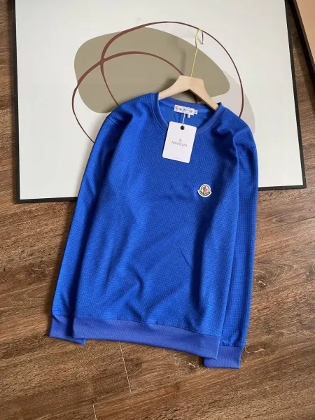 Moncler Logo-Embroidered Waffle-Knit Crewneck Sweater Blue - 1