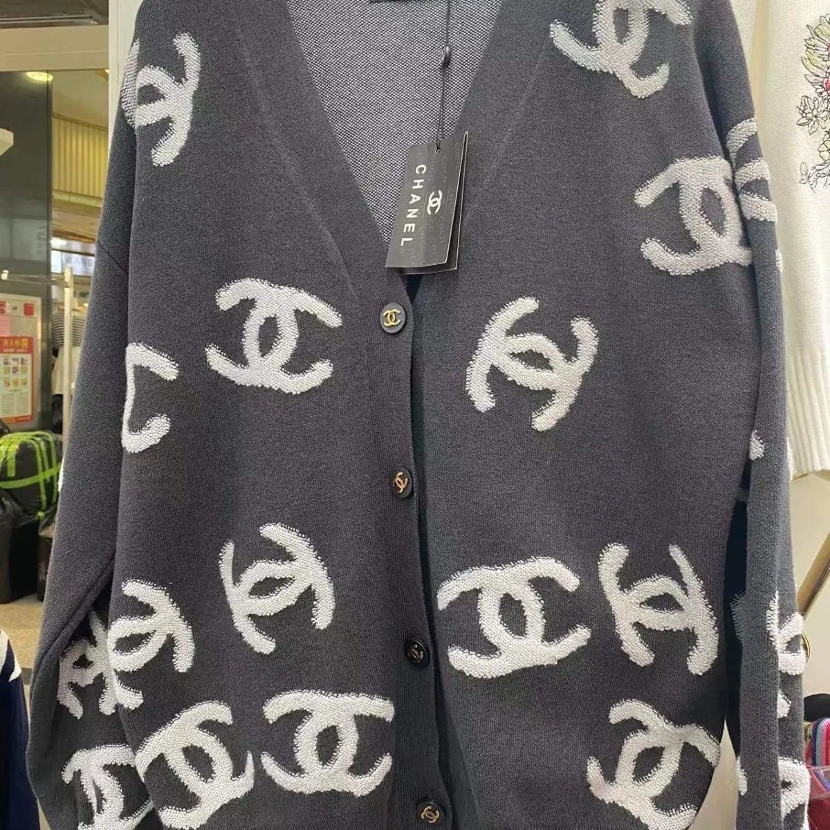 Chanel CC Logo Intarsia Knit Charcoal Gray Cardigan - 1