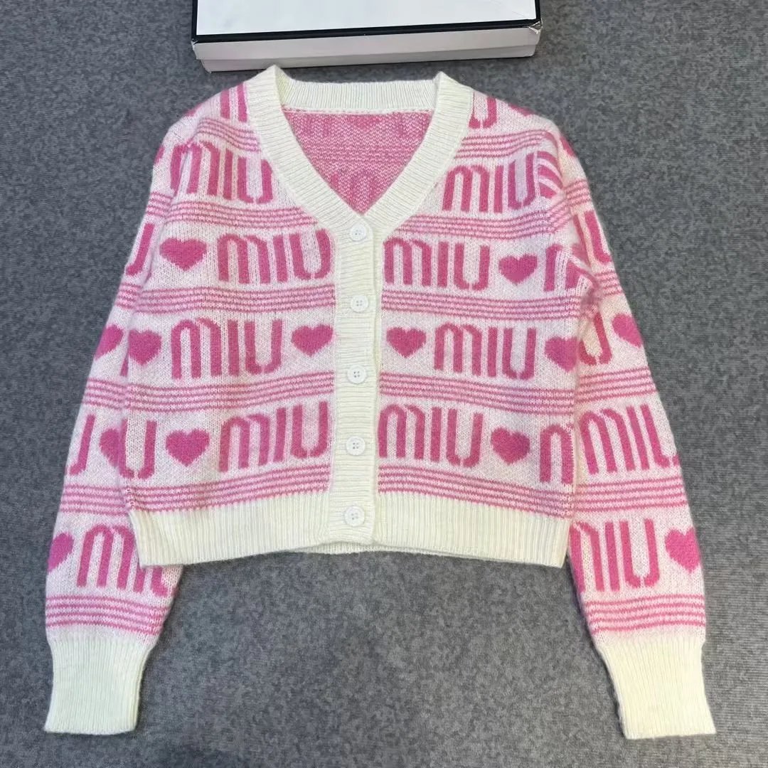 Miu Miu Logo Heart Knit Cardigan Pink Cream