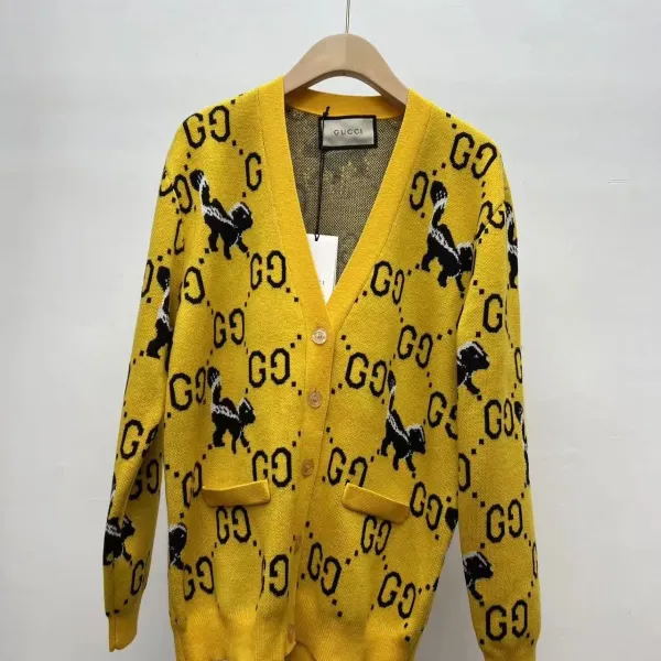 Gucci GG Skunk Print Yellow Knit Cardigan - 1