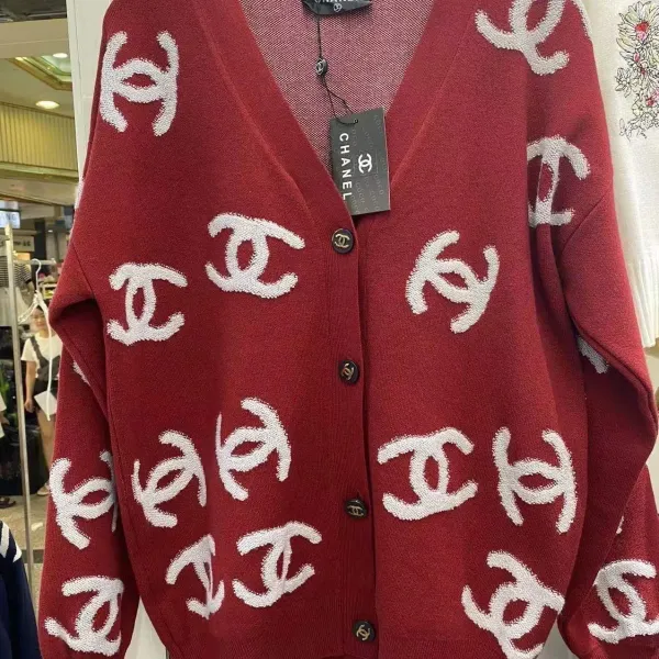 Chanel CC Logo Intarsia Knit Burgundy Cardigan - 1