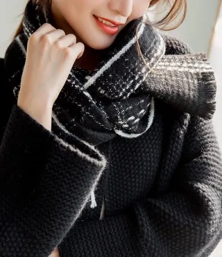 Chanel Tweed Plaid Scarf Black and White Cashmere-Silk Scarf - 12