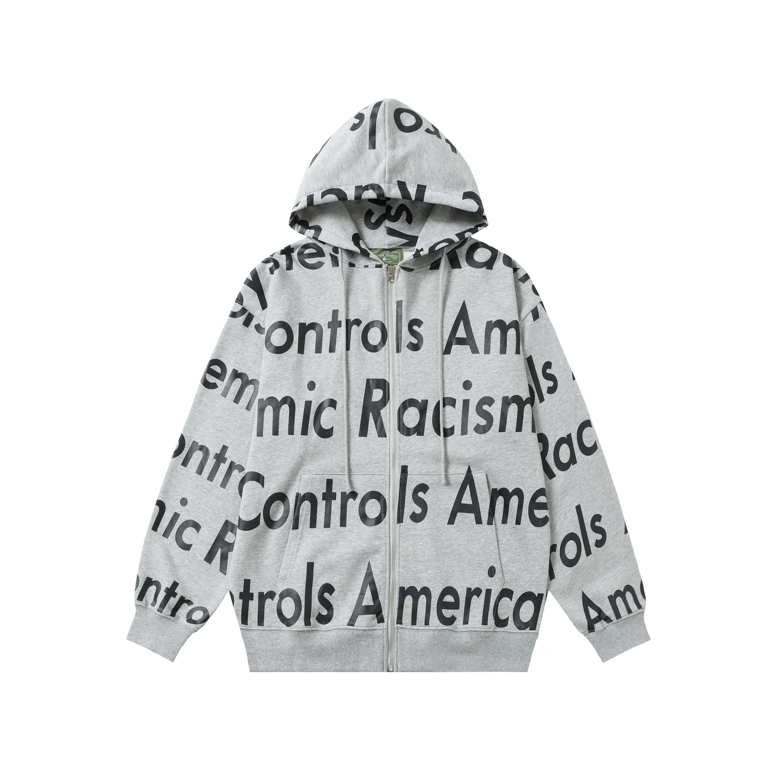 Awake NY Systemic Racism Controls America Allover Print Zip Hoodie Light Grey