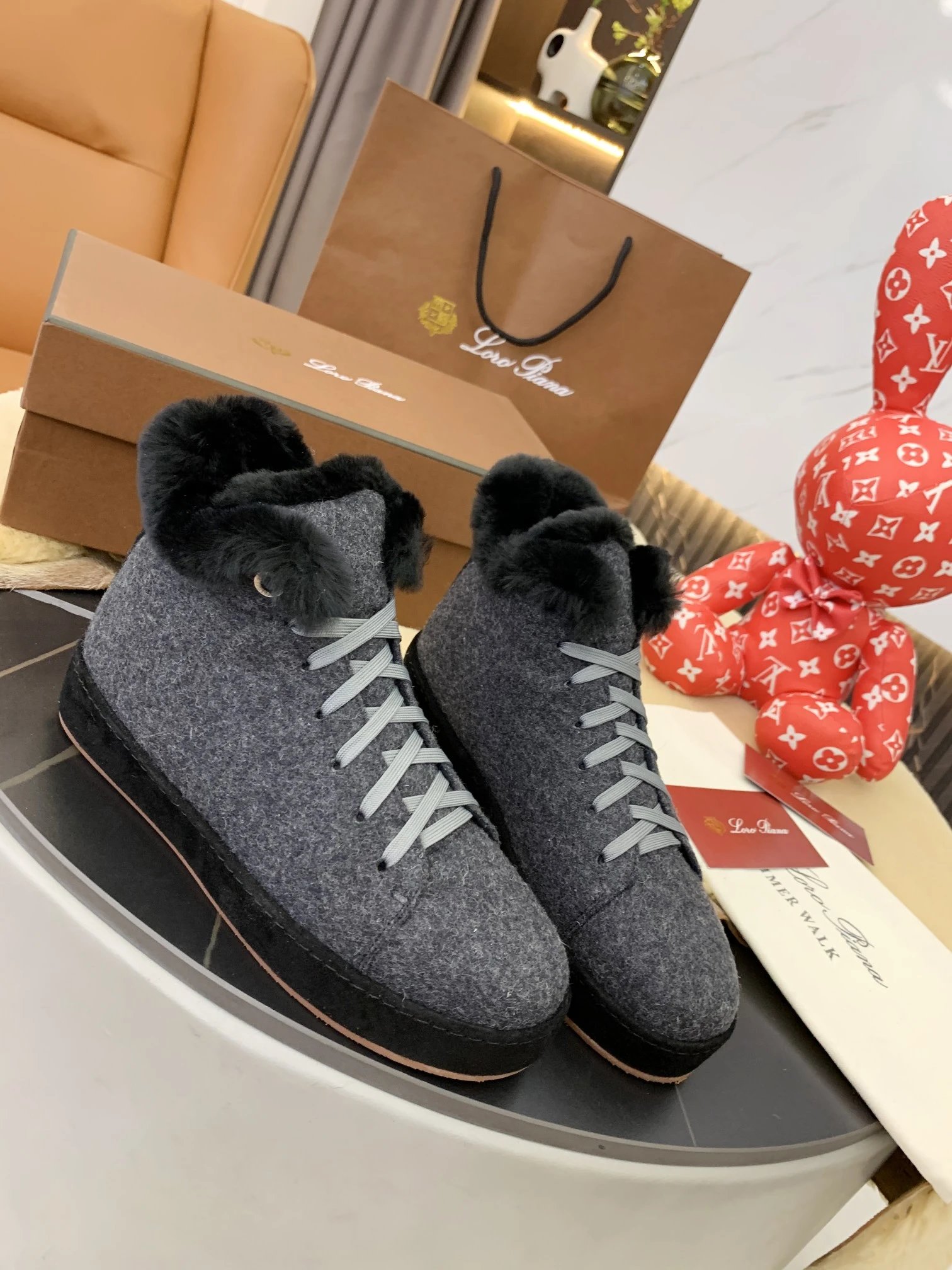 Loro Piana Winter Walk Gray Wool-Felt Boots with Fur Trim Snow Boots - 10