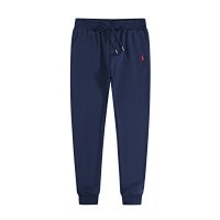 Navy blue pants with a red label