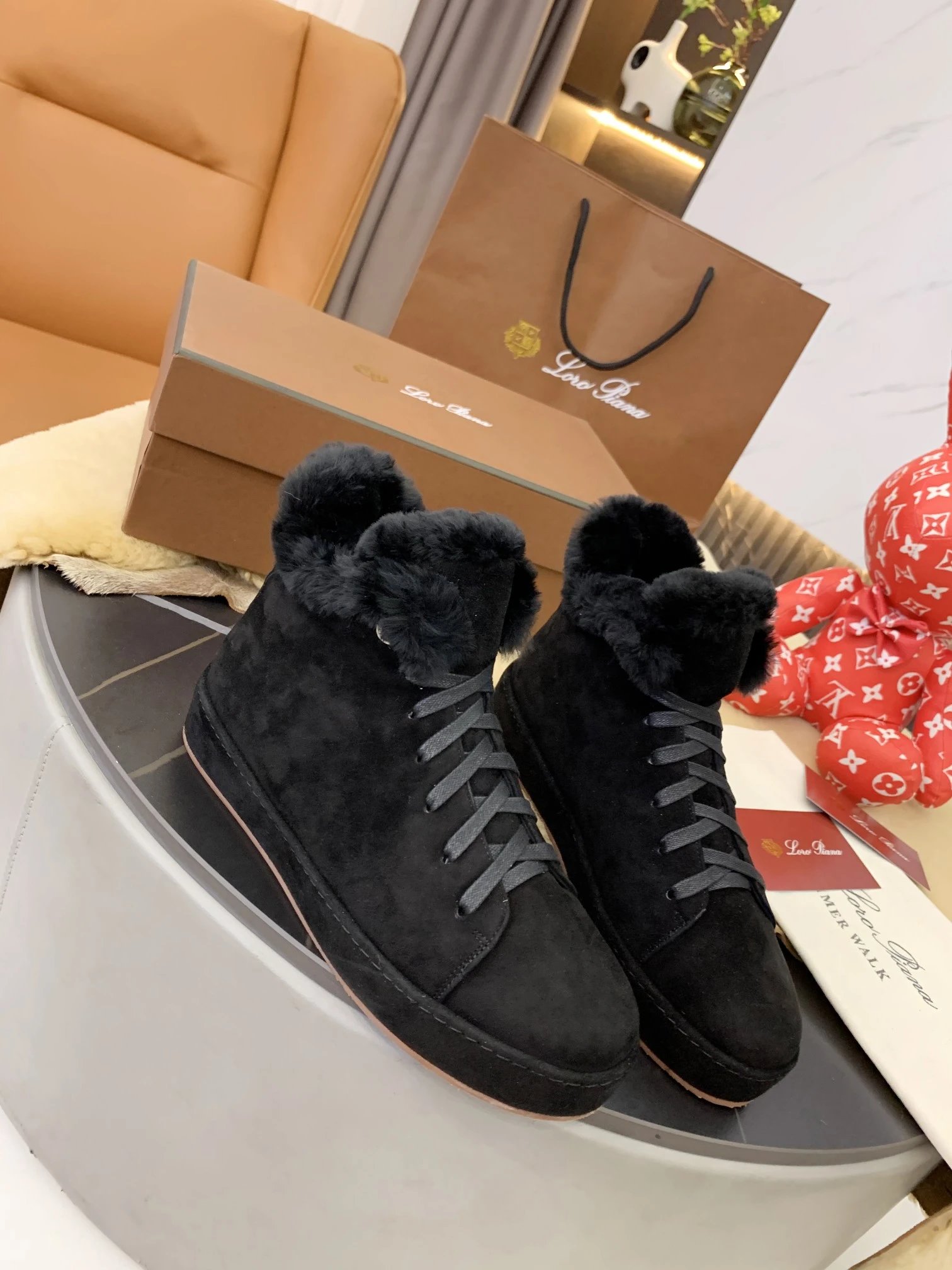 Loro Piana Winter Walk Gray Wool-Felt Boots with Fur Trim Snow Boots - 9