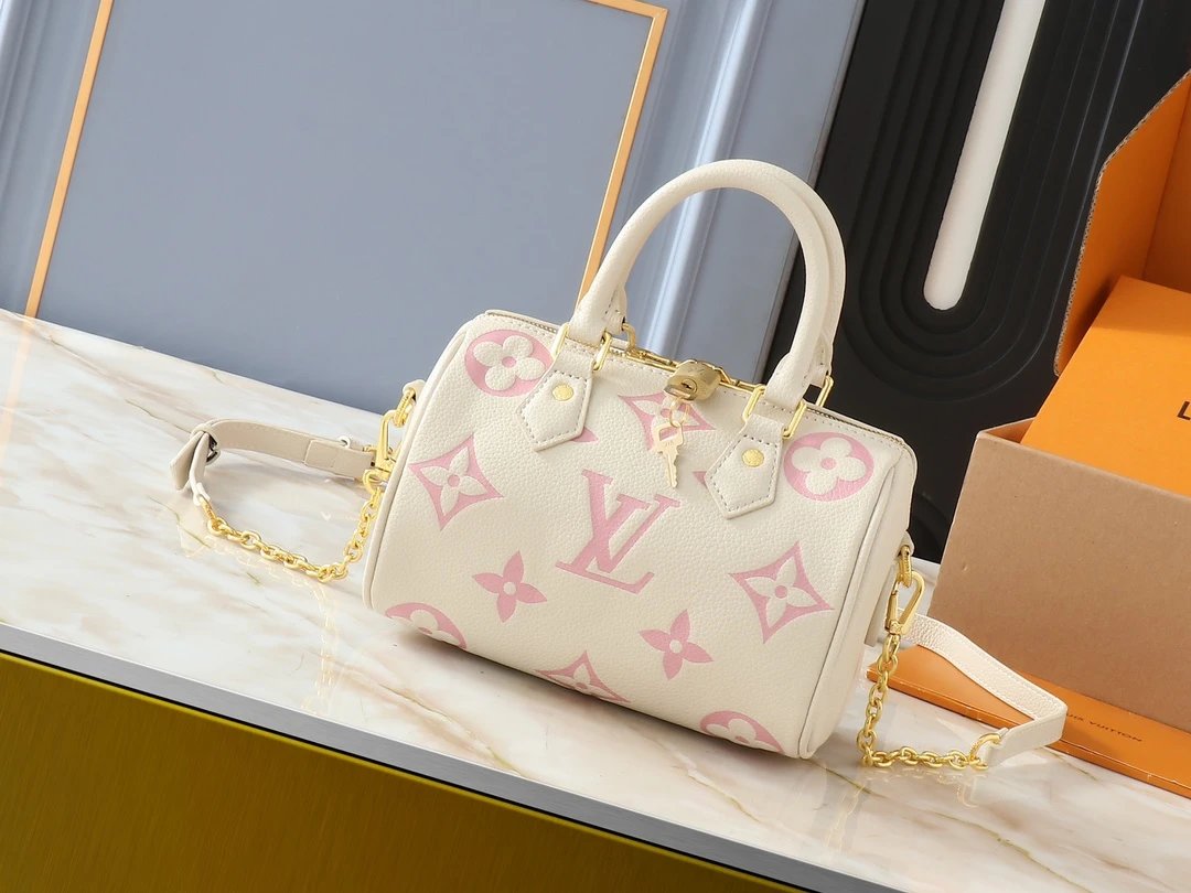 Louis Vuitton Speedy Bandouliere Bag Cream Pink Giant Monogram Empreinte Gold Chain