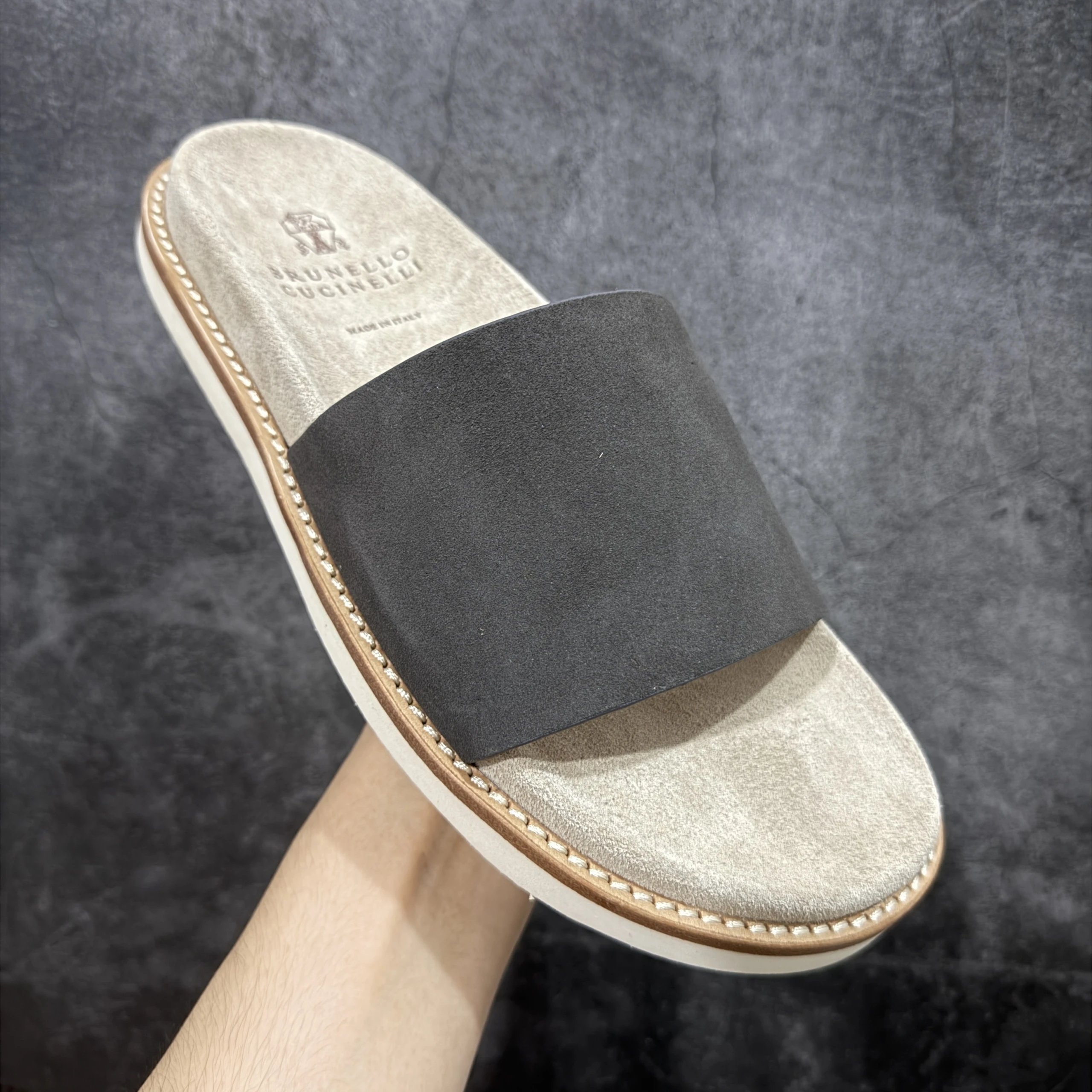 Brunello Cucinelli Slippers Suede Slide Sandals — BC Word Drag Elephant Grey