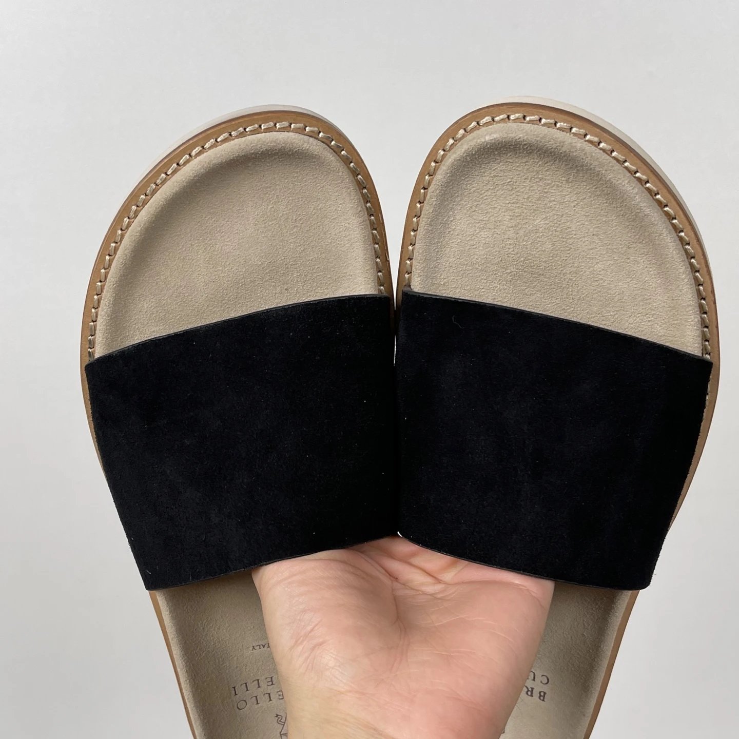 Brunello Cucinelli Slippers Suede Slide Sandals — BC black slide sandals