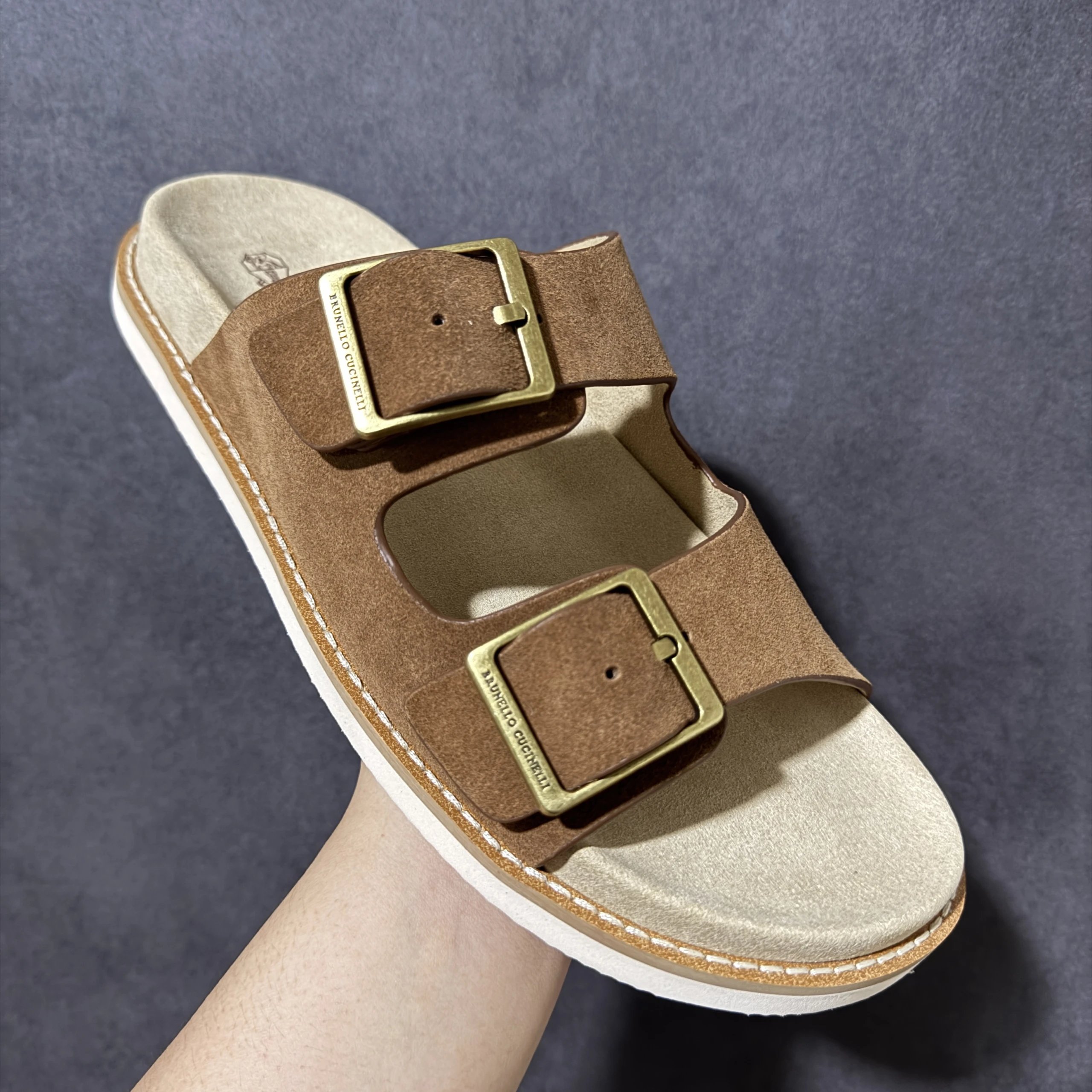 Brunello Cucinelli Slippers Suede Slide Sandals — BC brown metal-buckle slippers