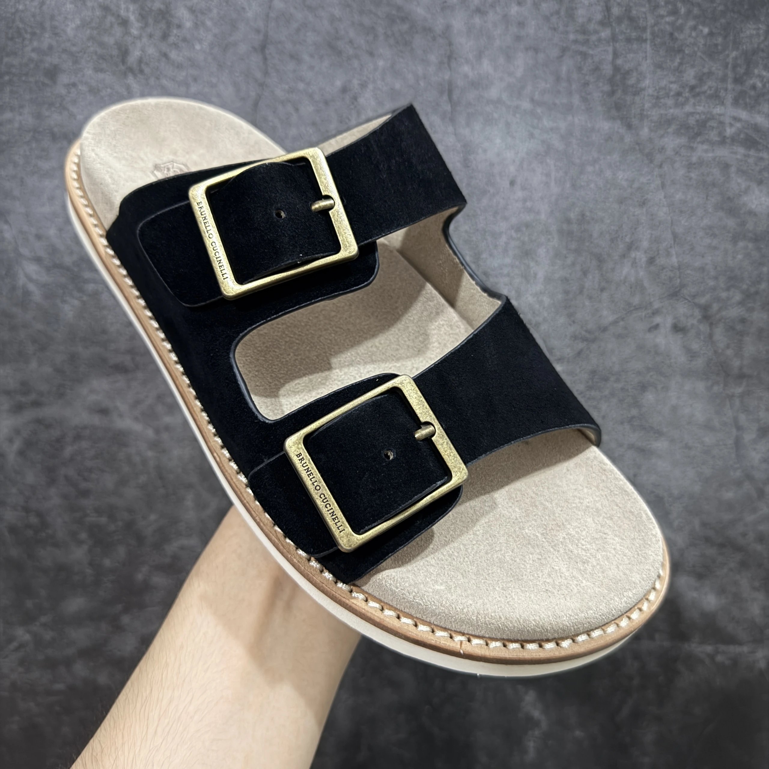 Brunello Cucinelli Slippers Suede Slide Sandals — BC black metal-buckle slippers