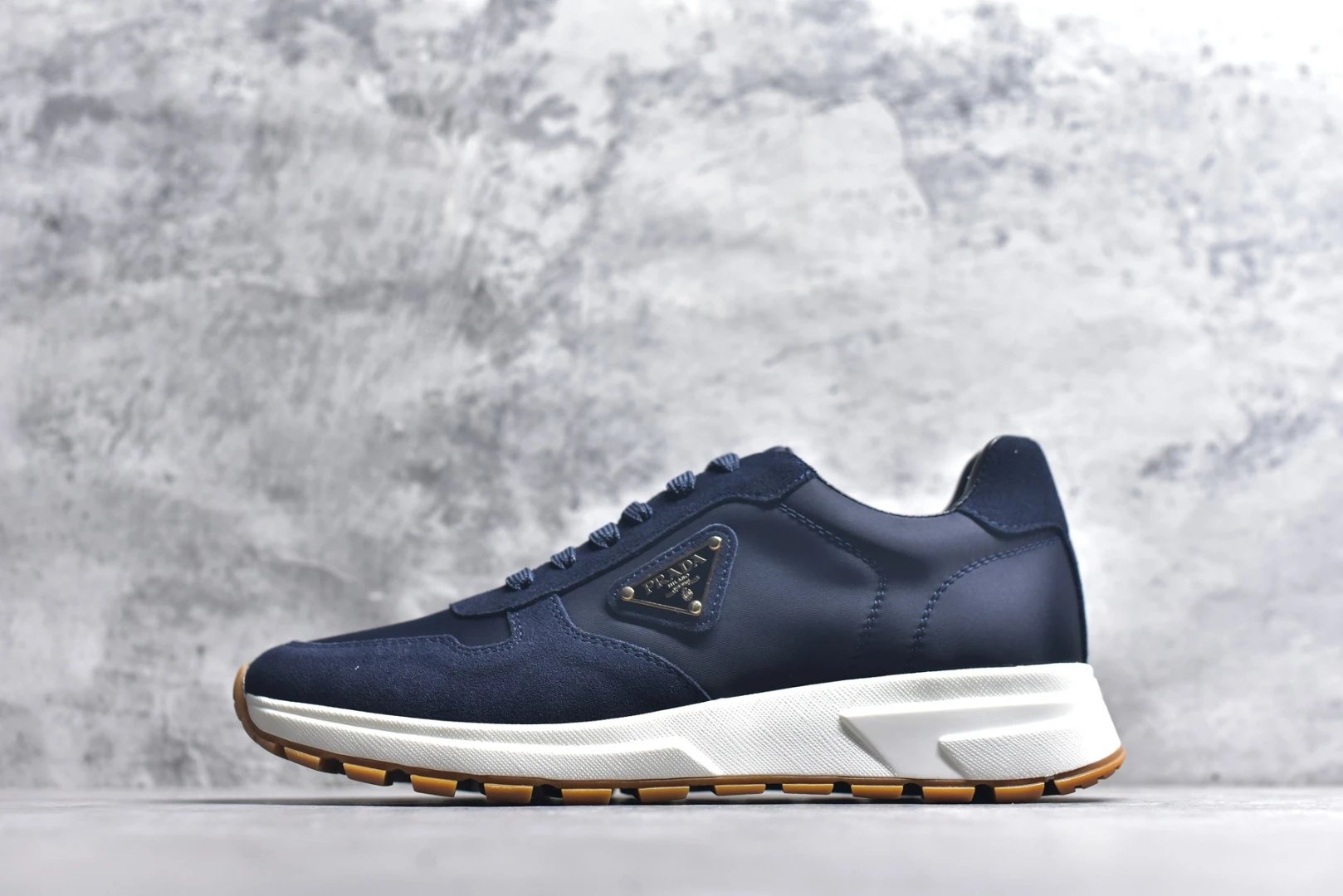 Prada Sneakers Prax 01 — Prax 01 Deep Blue Suede Gold Label Raw Rubber (No Logo on the Heel)