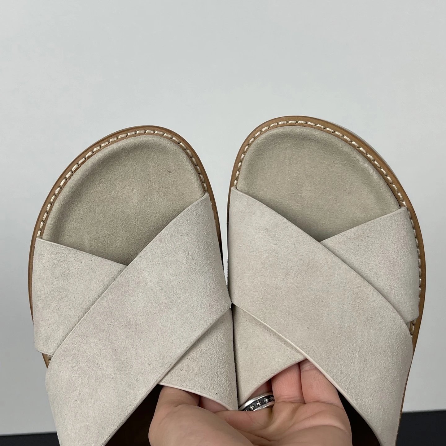 Brunello Cucinelli Slippers Suede Slide Sandals — BC cross beige slippers