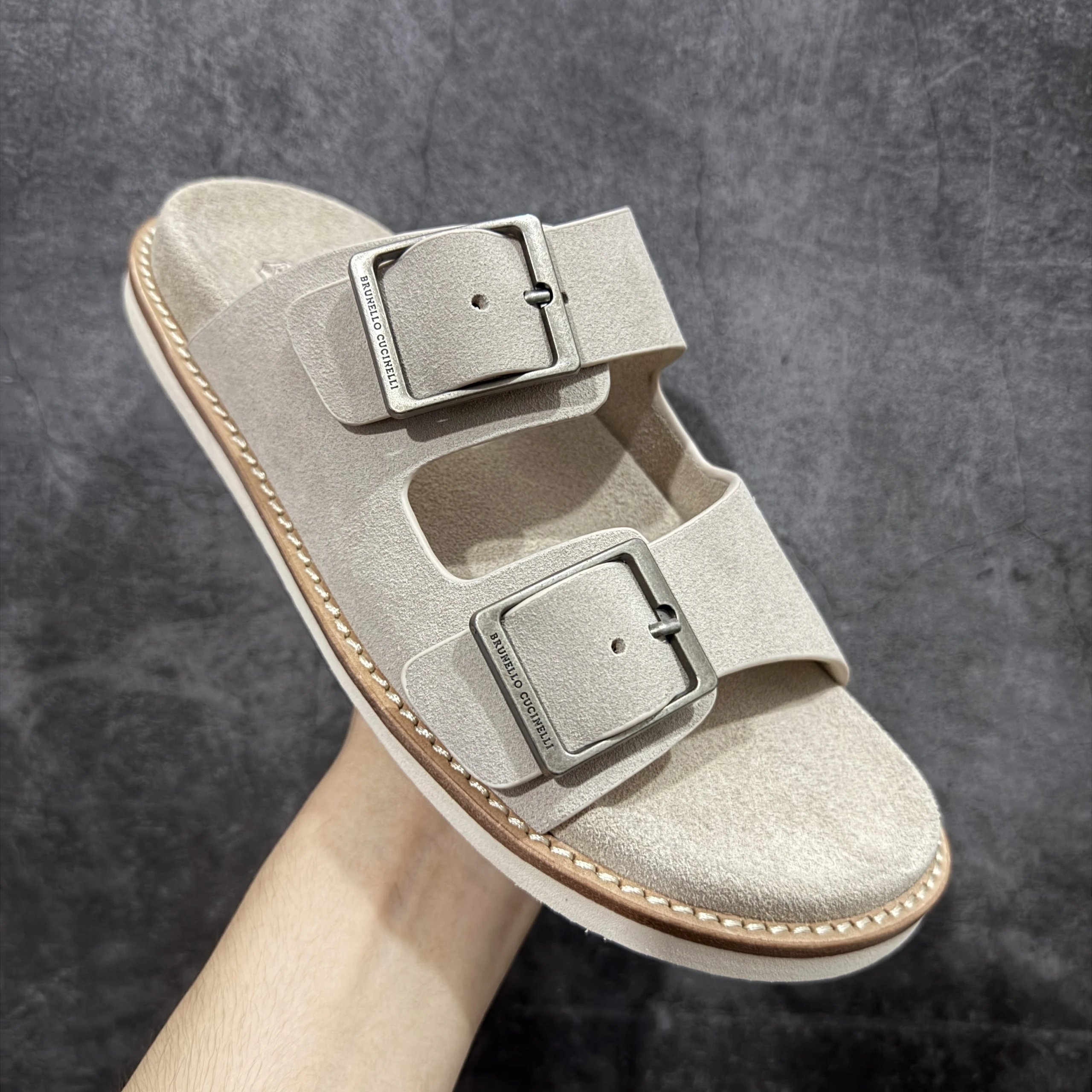 Brunello Cucinelli Slippers Suede Slide Sandals — BC beige metal-buckle slippers