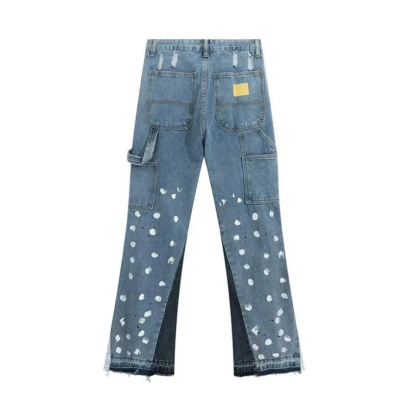 Distressed Ripped Denim Jeans with Paint Splatter Detail Blue Jeans - 13