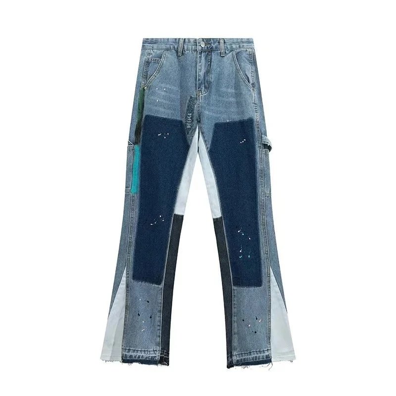 Distressed Ripped Denim Jeans with Paint Splatter Detail Blue Jeans - 11
