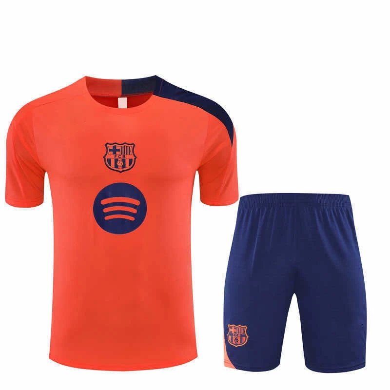 2526 Barcelona Orange Deep Blue Shoulder Training Suit Set Short Sleeves (Please note customization information when placing the order, messages are not included)