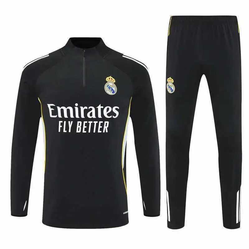 2526 Real Madrid Black White Shoulder Training Suit Half-Zip Set (Please note customization info in your order, messages are not counted)