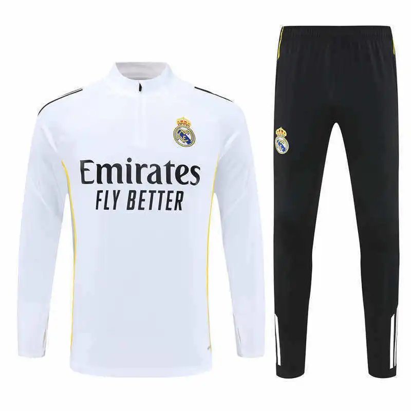 2526 Real Madrid White Black Shoulder Training Suit Half-Zip Set (Please Note Customization Info When Placing Order, Messages Are Not Counted)