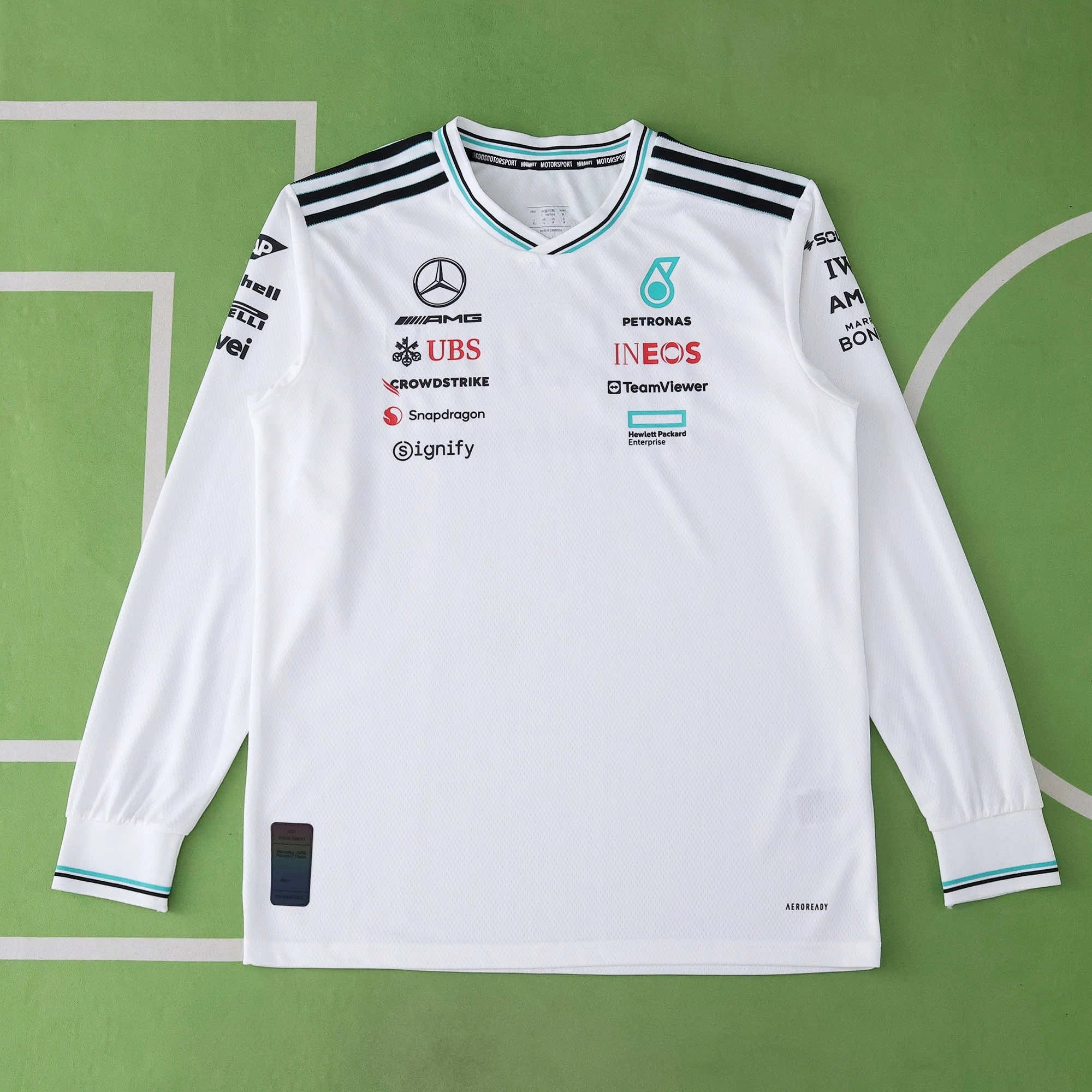 F1 Mercedes AMG Petronas Formula One White Long Sleeve T-Shirt (Please note customization details in order remarks, messages are not counted)