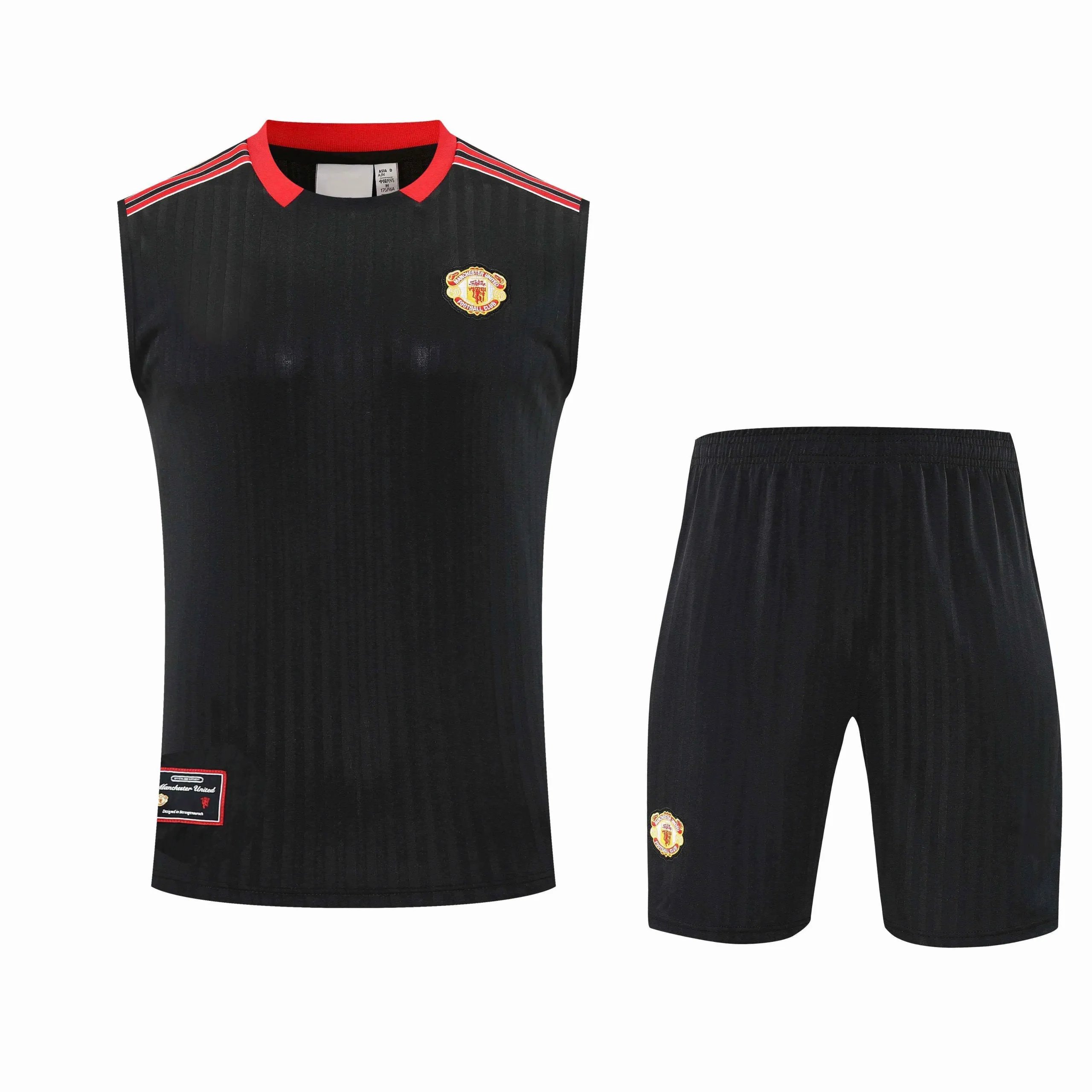 2526 Manchester United Black Red Shoulder Retro Training Suit Vest Set (Please note customization info when placing order, messages not counted)