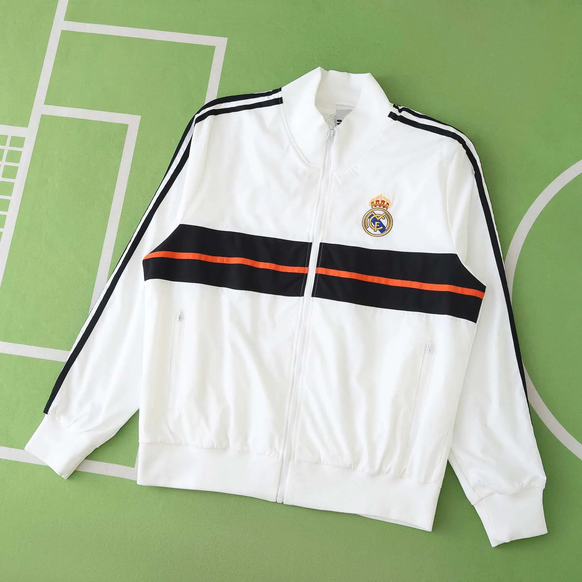 2526 Real Madrid White Windbreaker with Black and Orange Chest Stripes (Please note customization info when placing order; messages are not counted)