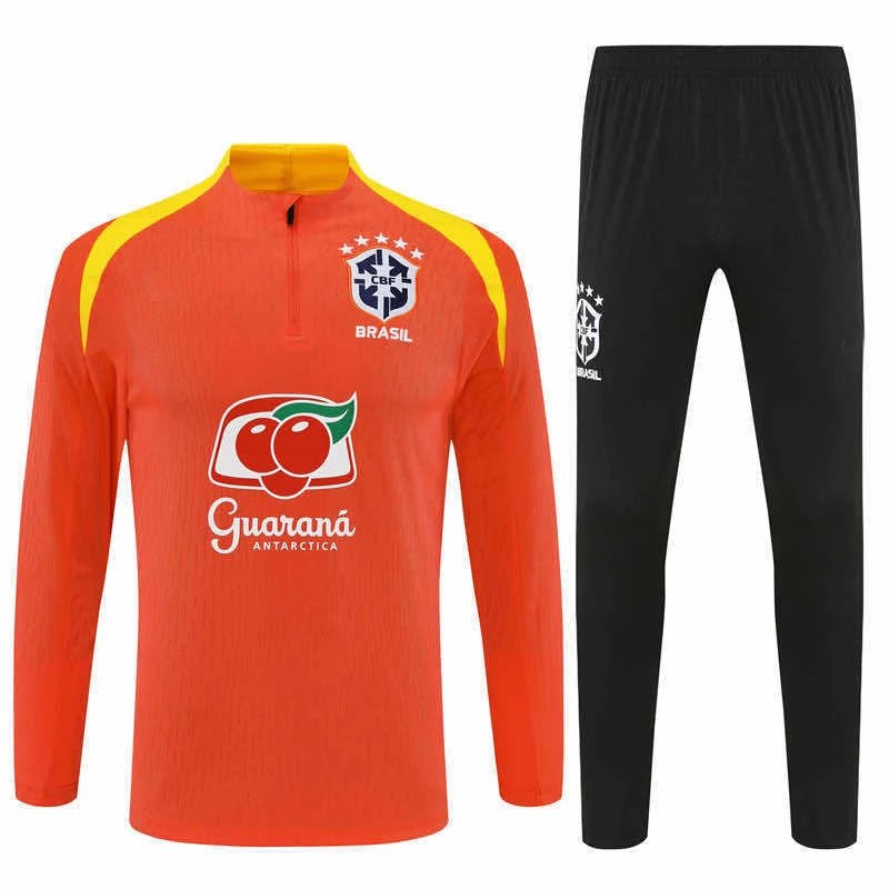 2526 Brazil Orange Yellow Shoulder Training Jersey Half-Zip Set (Please Leave Customization Notes in Order, Messages Not Accepted)