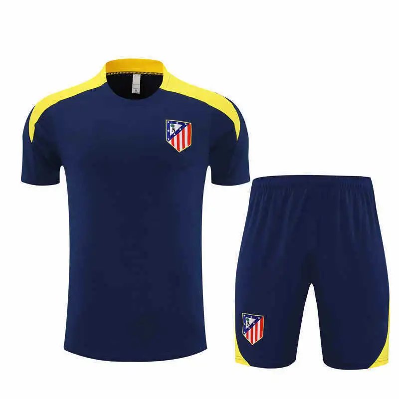 2526 Atletico Madrid Dark Blue Yellow Shoulder Training Suit Short Sleeve (For customization info, please leave a note when placing order, messages will not count)