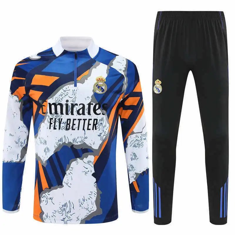 2526 Real Madrid White Blue Orange Graffiti Training Suit Half-Zip Set (For customization info, please leave a note when placing your order; sending a message does not count)
