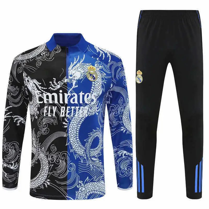 2526 Real Madrid Black and Blue Chinese Dragon Training Suit Half-Zip Set (Please leave customization info in order notes; messages will not be counted)