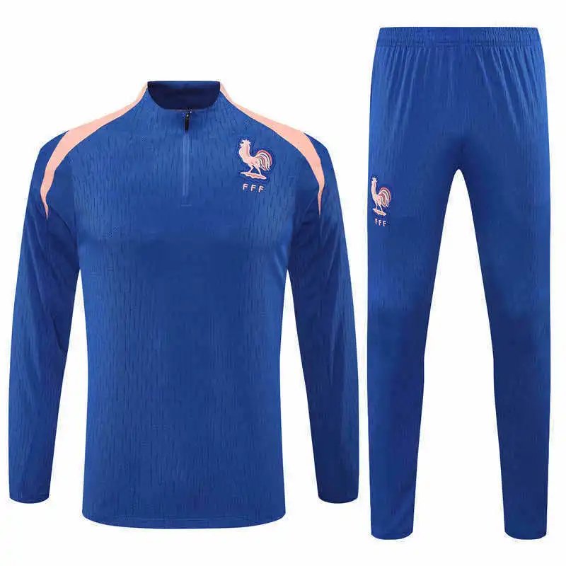 2526 France Blue Light Pink Collar Training Suit Half-Zip Set (For custom info, please note at checkout; messages are not valid)