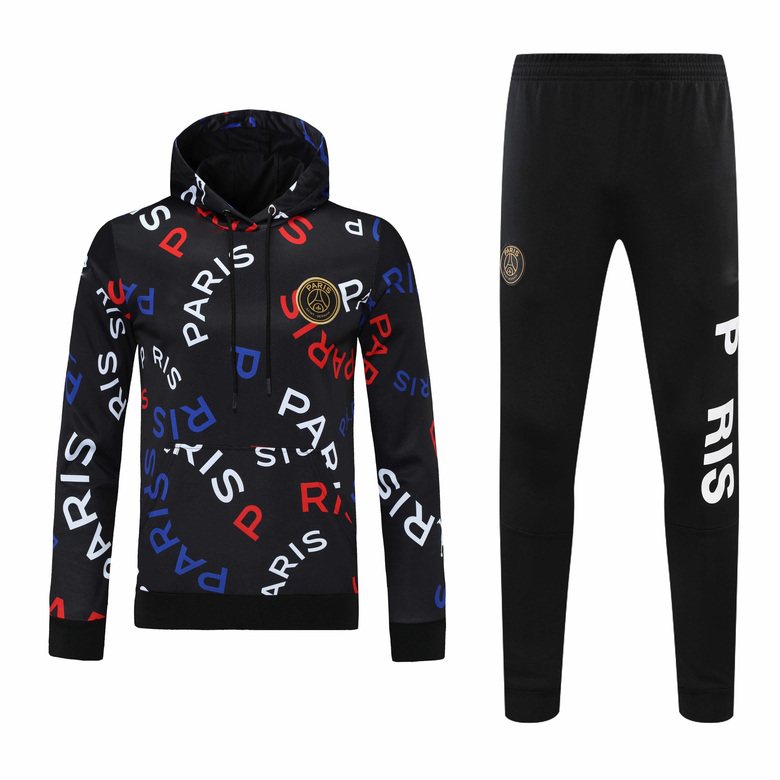 2526 Paris Black Hooded Track Suit Set with Colorful Letter Print (Custom info must be noted at checkout; messages not accepted)