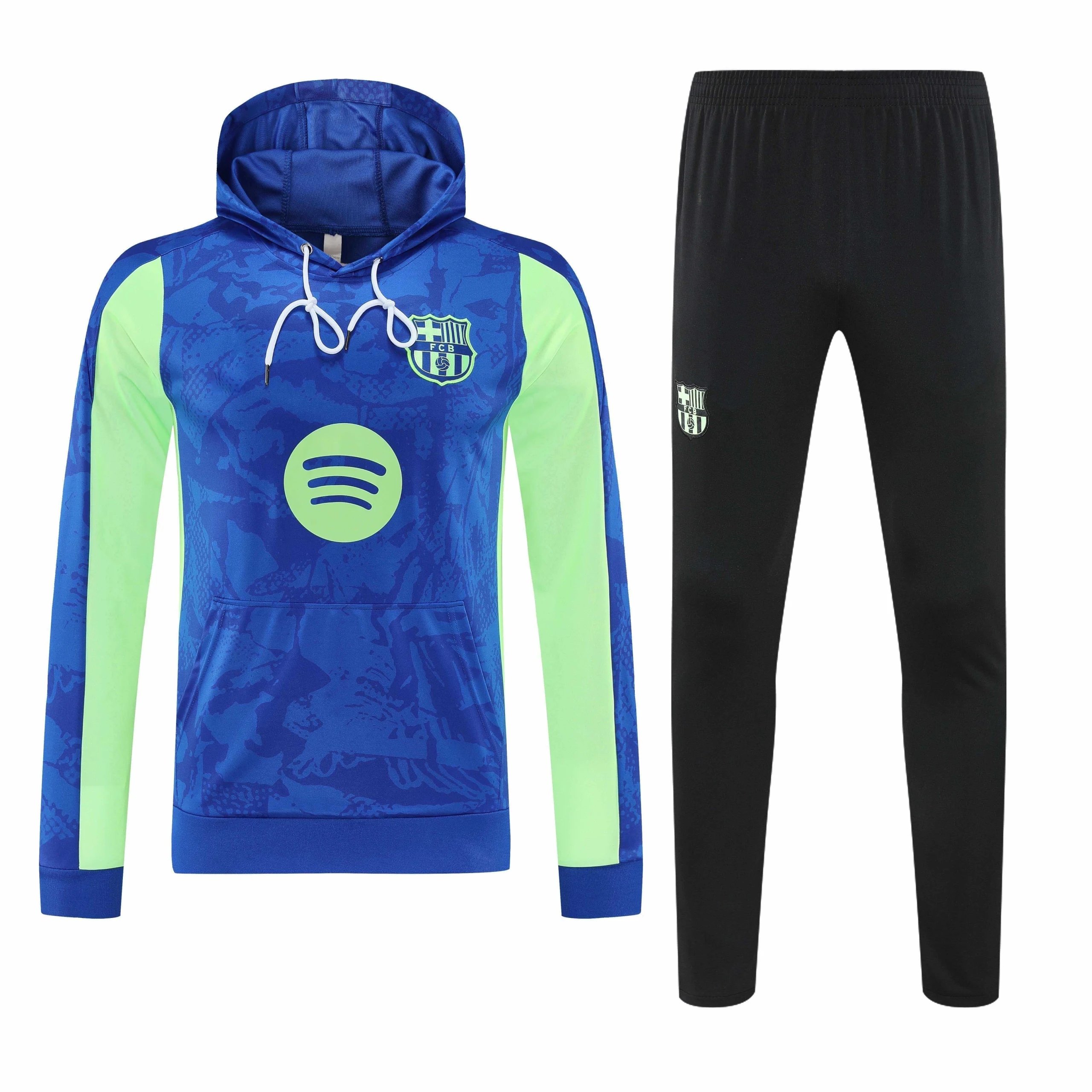 2526 Barcelona Blue Fluorescent Green Sleeve Hooded Training Top and Pants Set (Custom details must be noted at checkout; messages do not count)