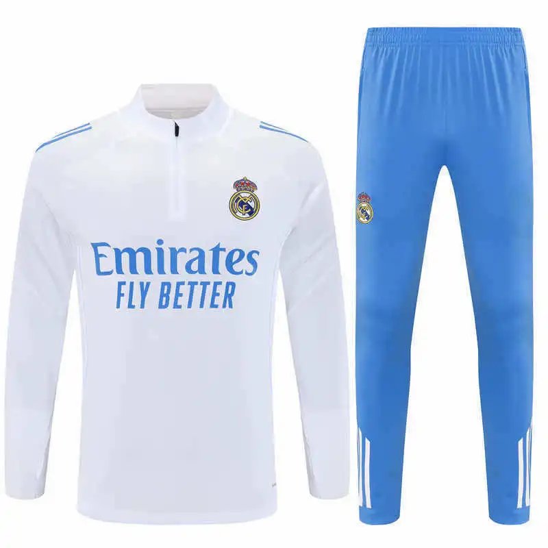 2526 Real Madrid White Blue Shoulder Training Suit Half-Zip Set (Please note customization info in order remarks, messages won't count)