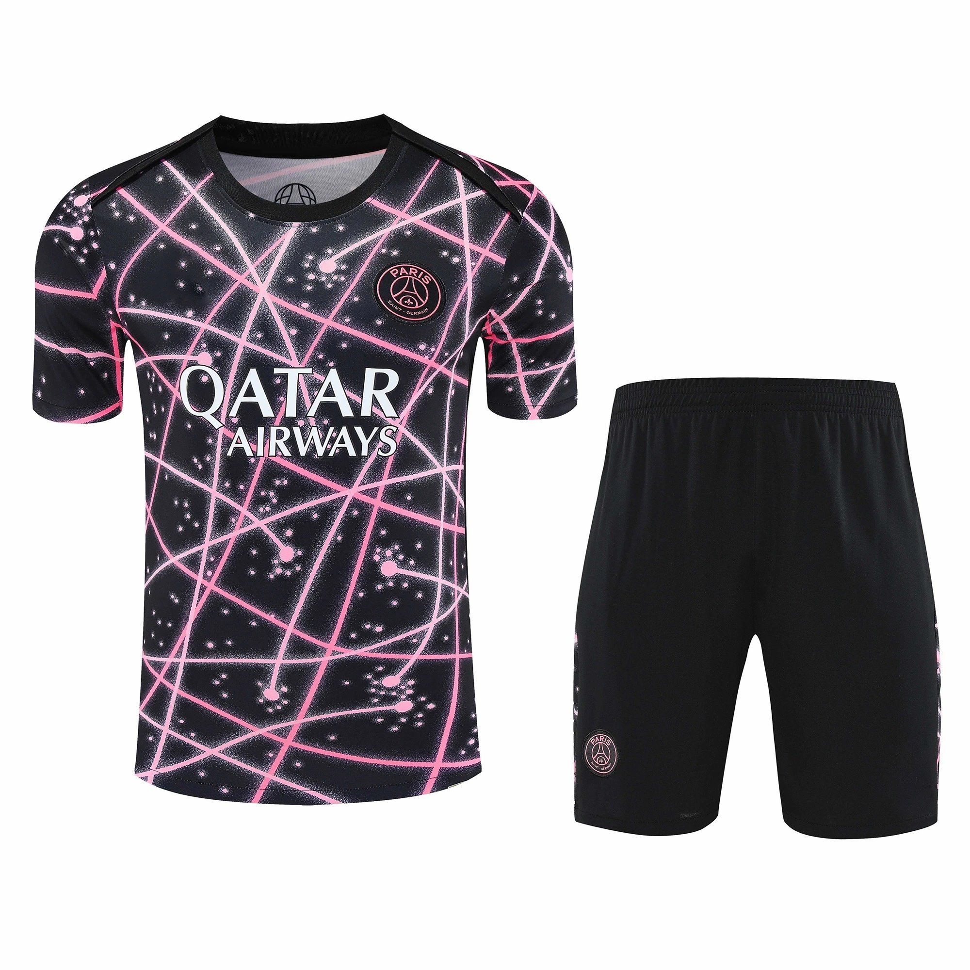 2526 Paris Black Pink Textured Training Suit Set Short Sleeve (For custom info, please leave a note when placing order; messages are not counted)