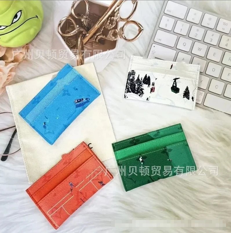 Leather Card Holder Green White Blue Orange Skiing Beach Print Wallet
