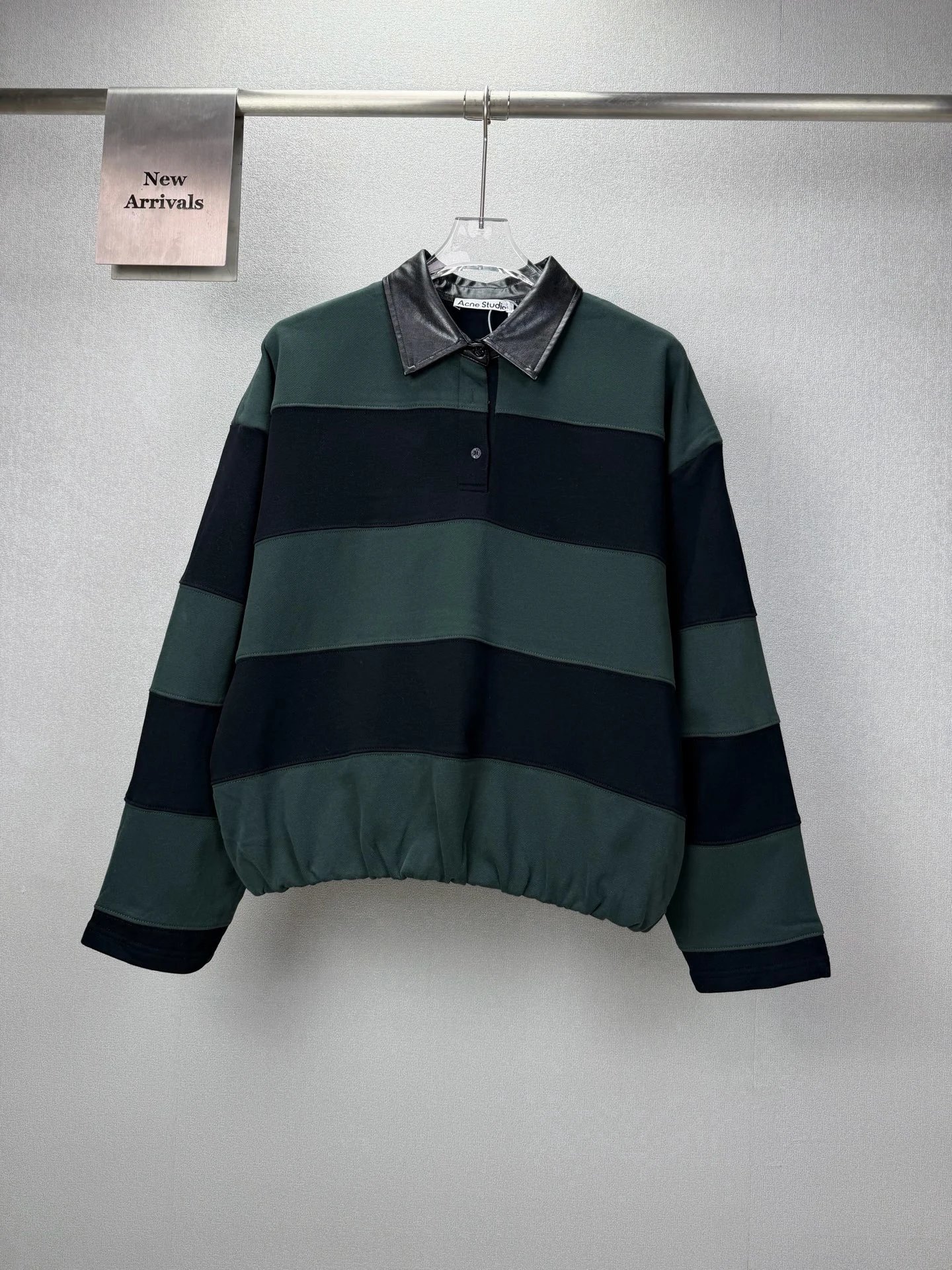 Acne Studios Hoodies & Sweatshirts Striped half-placket sweatshirt with leather collar — Green-black