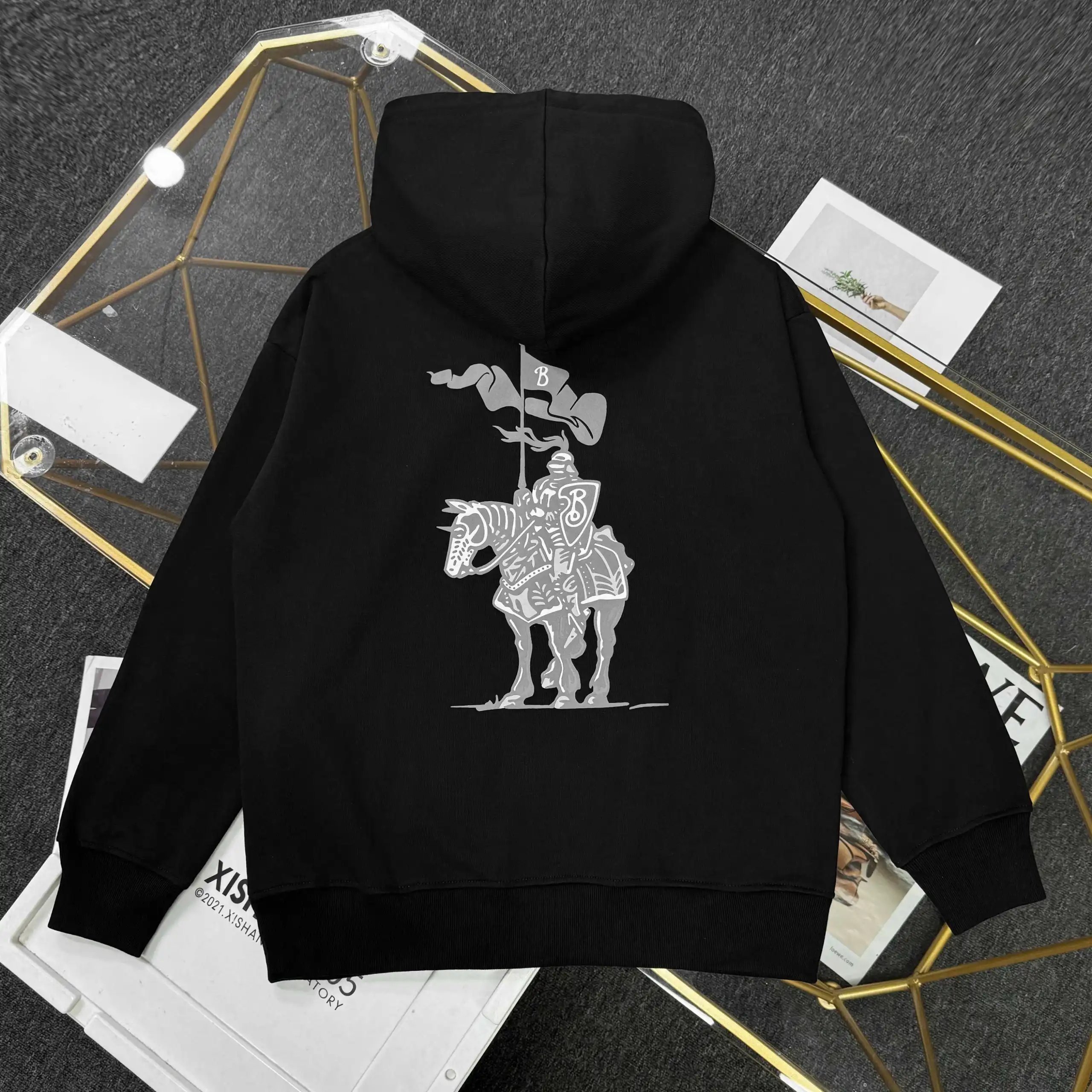 Cream Hooded Sweatshirt With Teal Shield Logo Casual Pullover