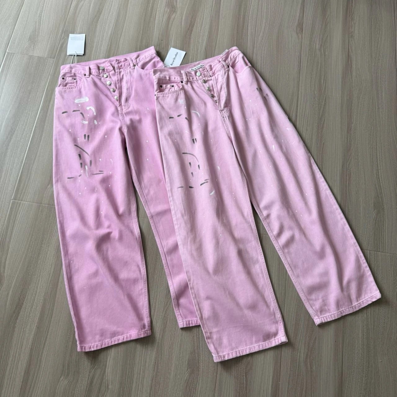 Acne Studios Pink Paint-Splatter Wide-Leg Denim Jeans