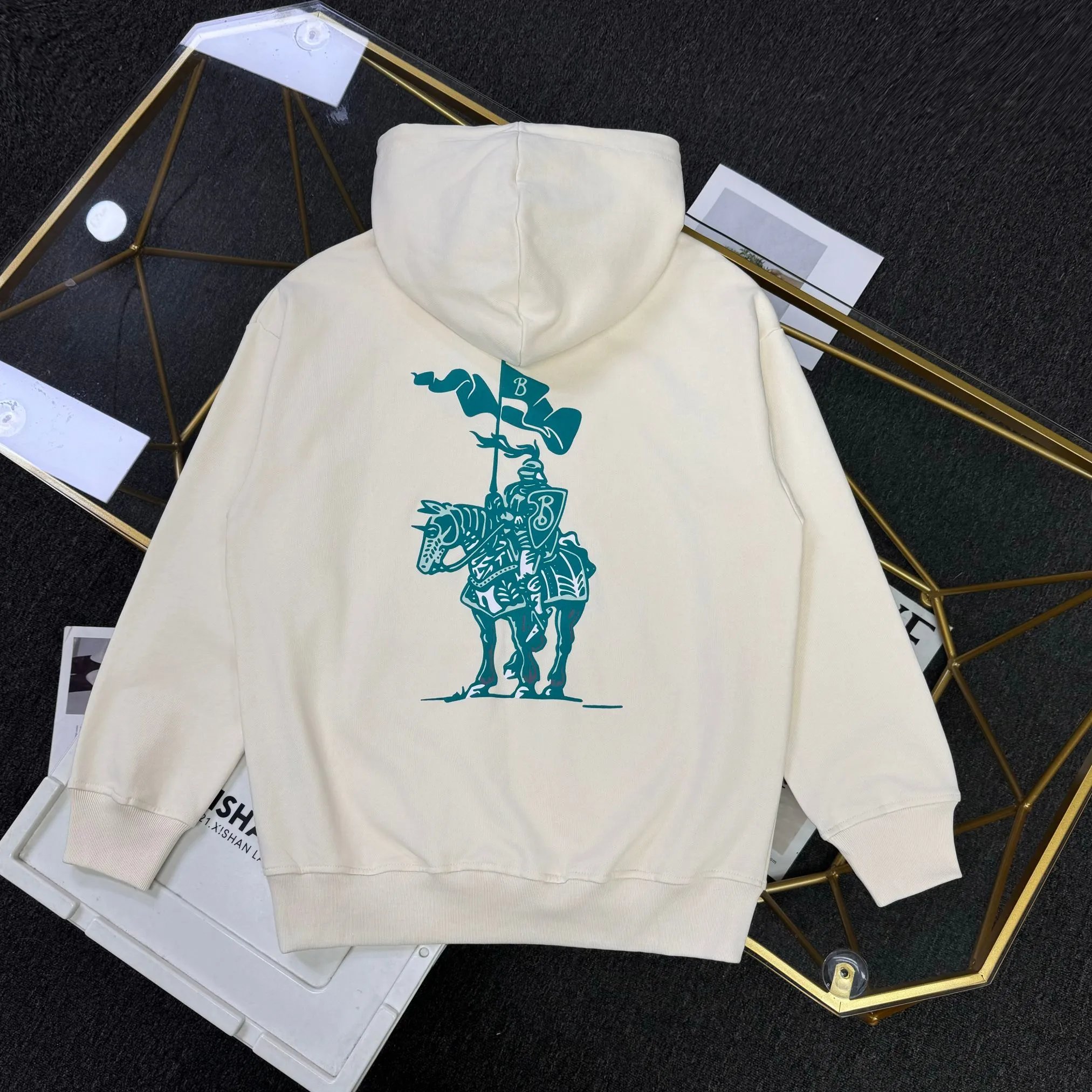 Cream Hooded Sweatshirt With Teal Shield Logo Casual Pullover