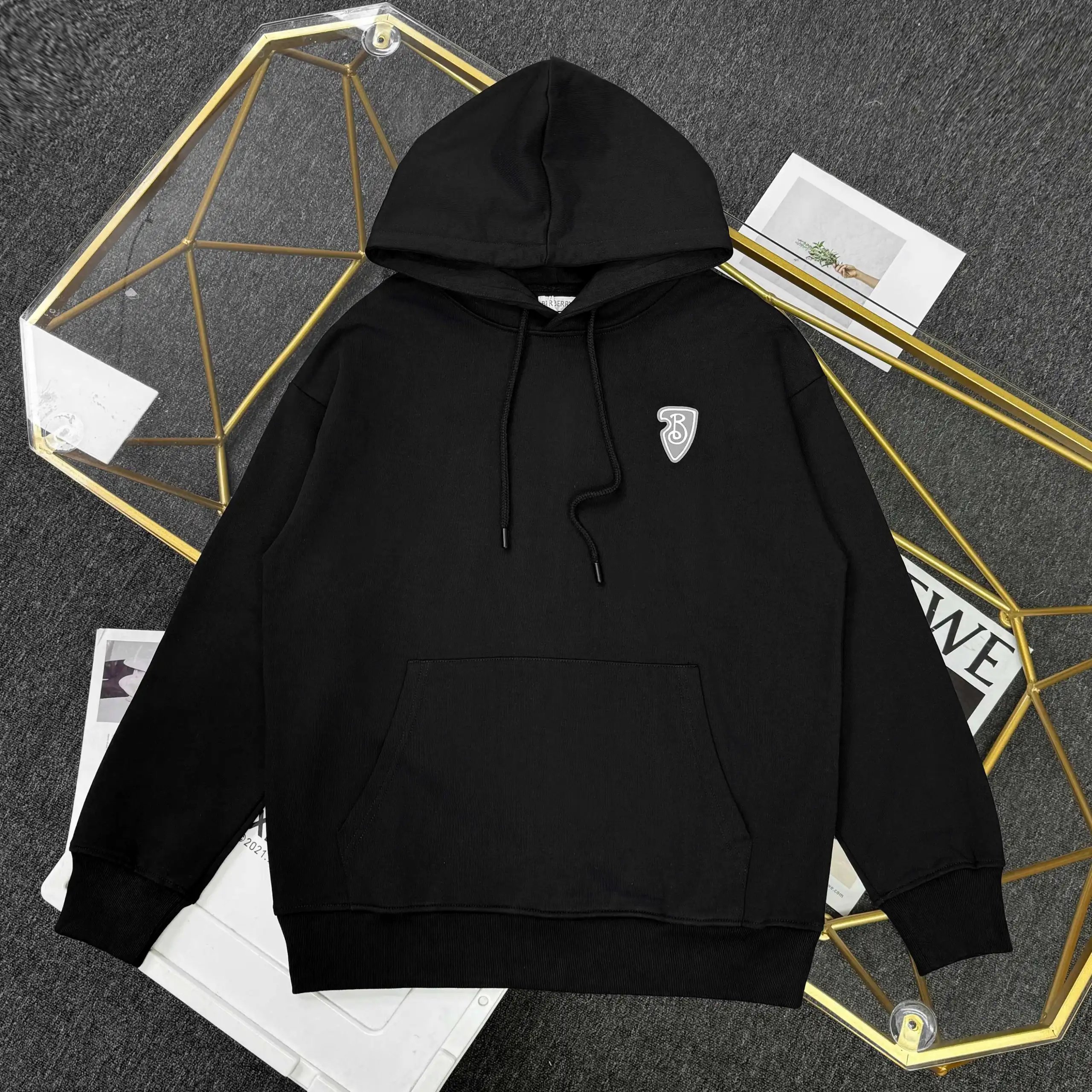 Cream Hooded Sweatshirt With Teal Shield Logo Casual Pullover