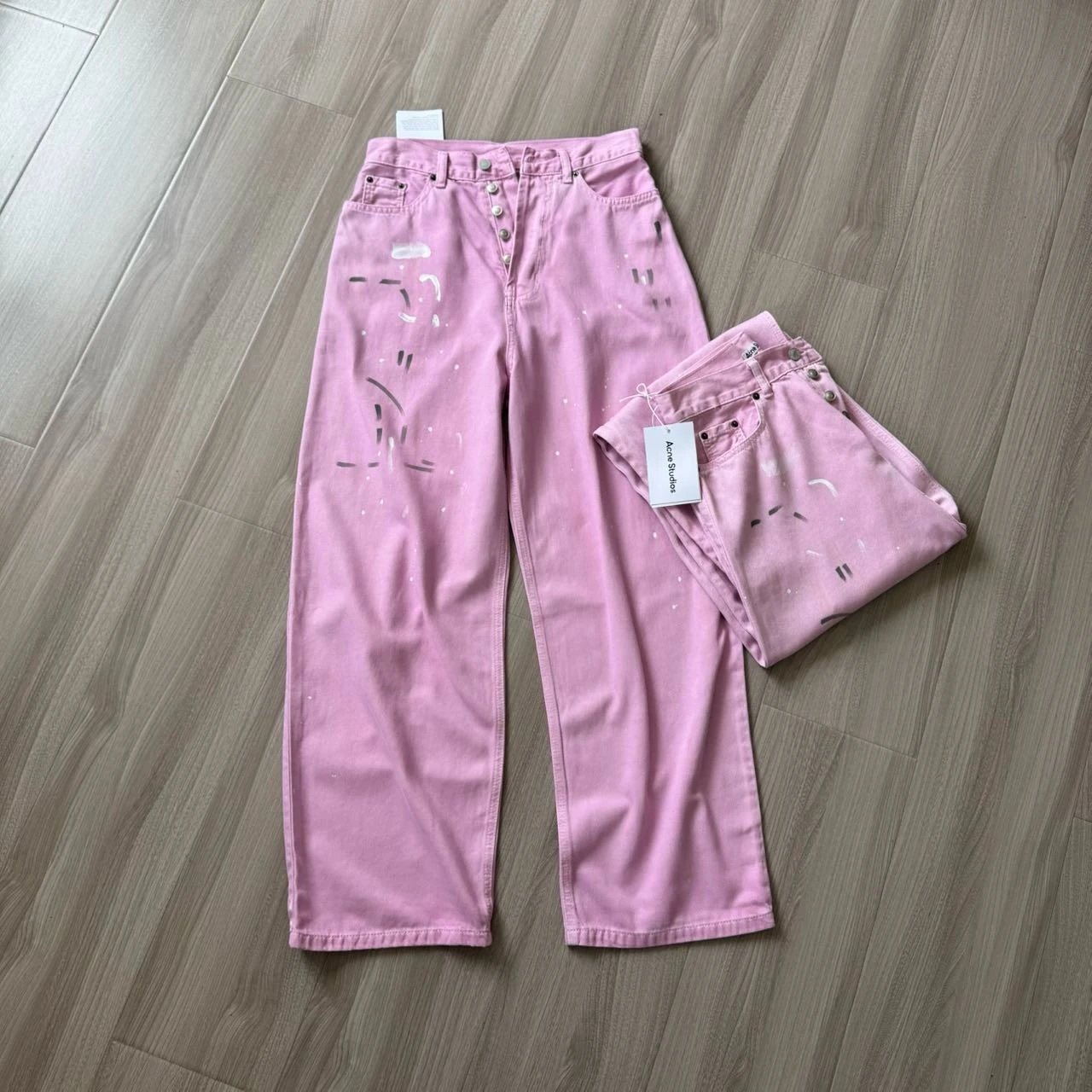 Acne Studios Pink Paint-Splatter Wide-Leg Denim Jeans