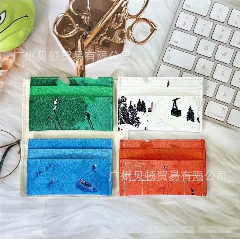 Leather Card Holder Green White Blue Orange Skiing Beach Print Wallet