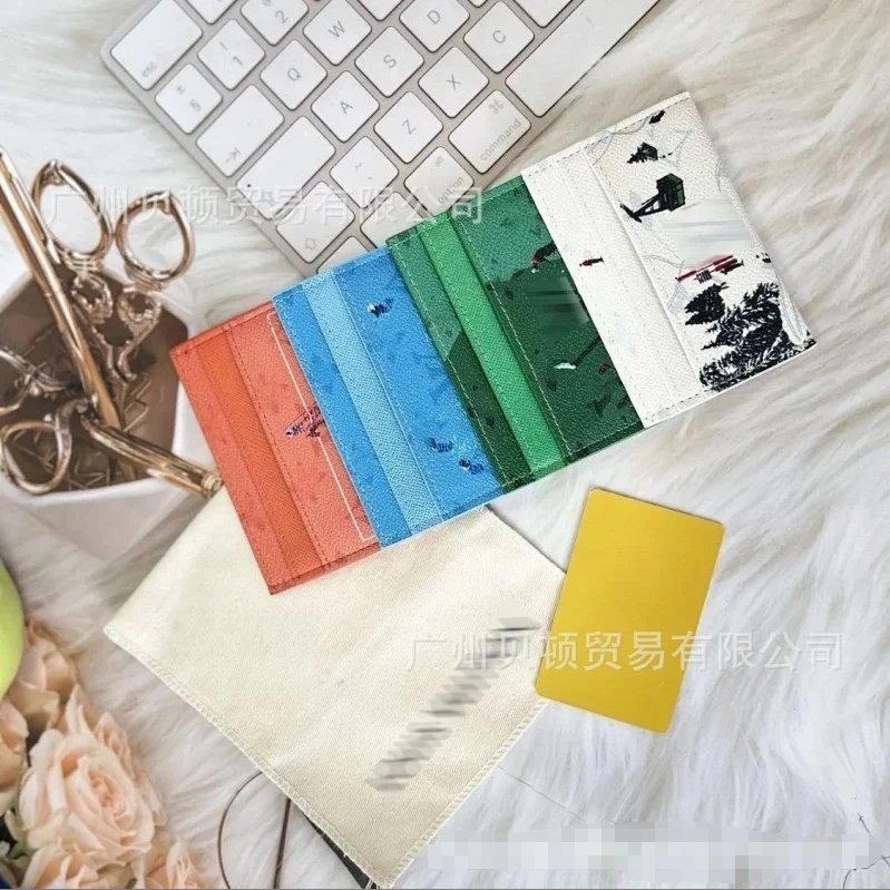 Leather Card Holder Green White Blue Orange Skiing Beach Print Wallet