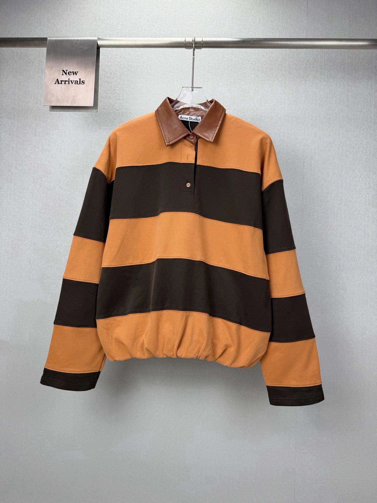 Acne Studios Hoodies & Sweatshirts Striped half-placket sweatshirt with leather collar — Orange and black