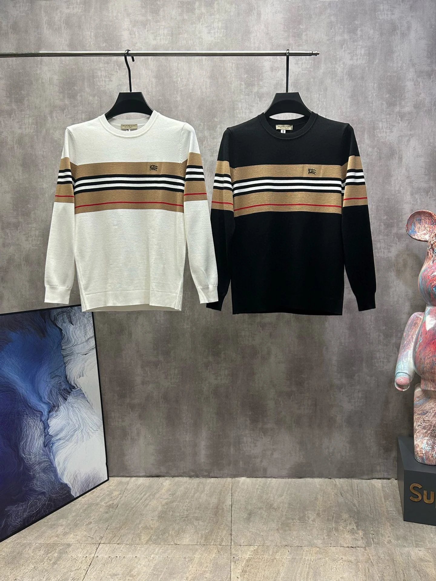 Burberry Knit Sweater Black Equestrian Logo Crewneck